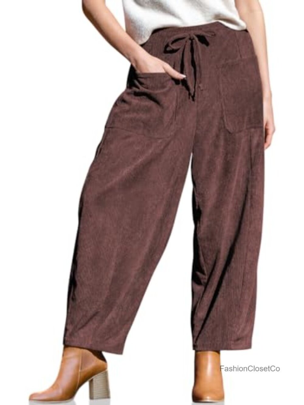 High Waist Wide Leg Corduroy Pants with Drawstring Pockets